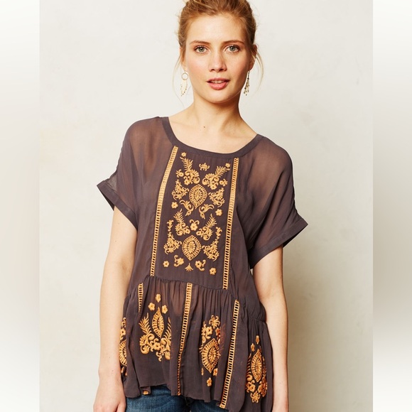 Vanessa Virginia for Anthropologie Antala Brown Orange Embroidered Peplum Top S - Picture 1 of 3